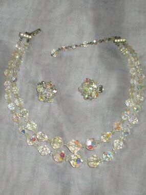 Vintage Aurora Borealis double strand crystal necklace and clip on earrings set